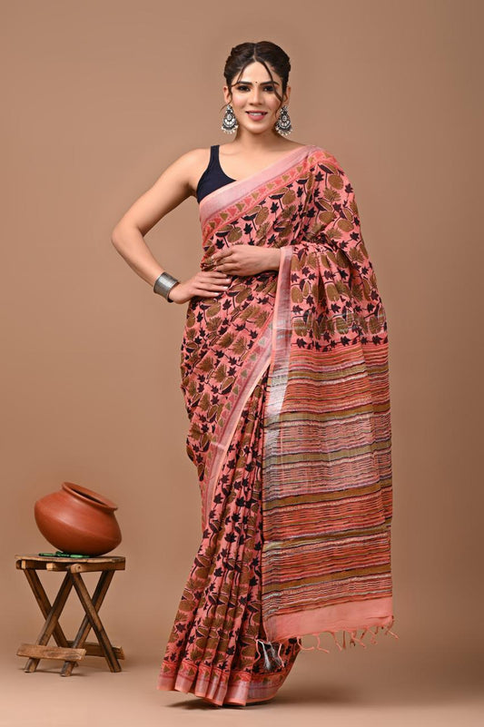 Hand block printed cotton linen saree