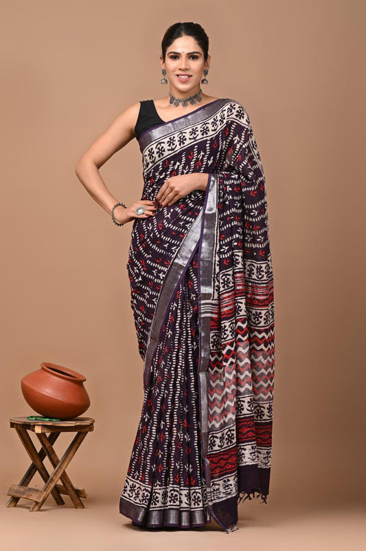 Hand block printed cotton linen saree