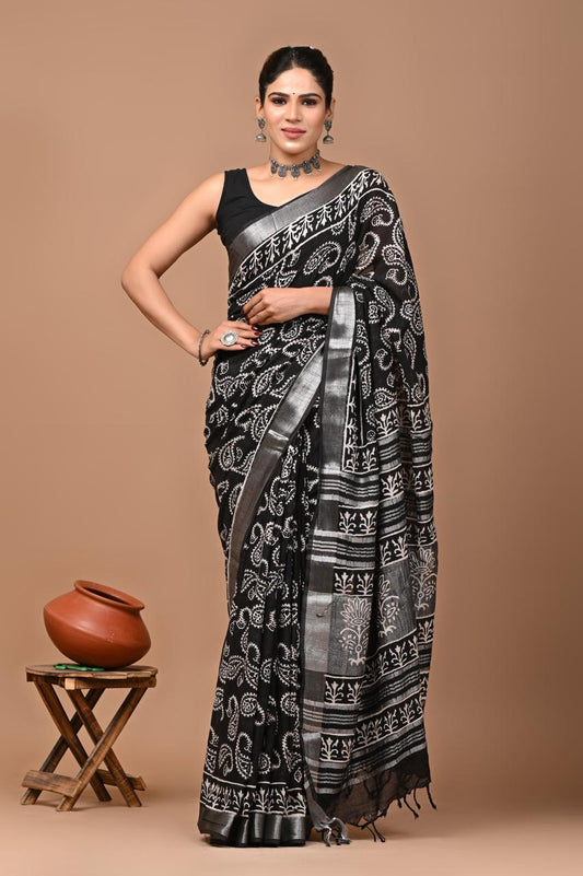 Hand block printed cotton linen saree