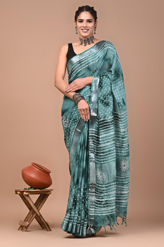 Hand block printed cotton linen saree
