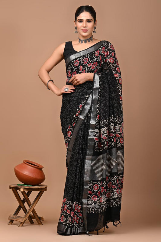 Hand block printed cotton linen saree