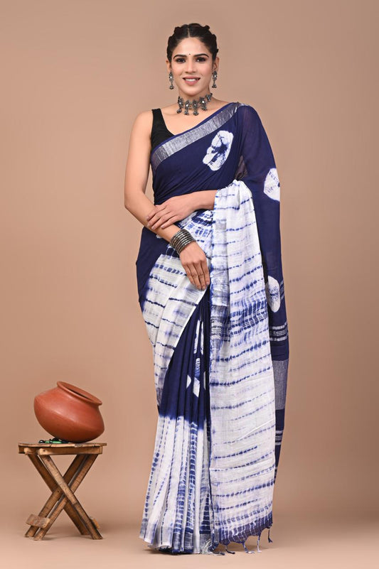 Hand block printed cotton linen saree