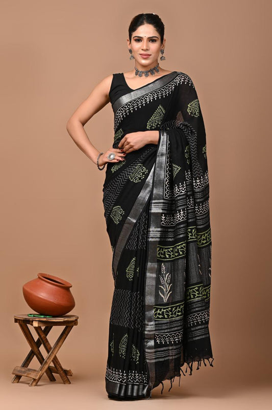 Hand block printed cotton linen saree