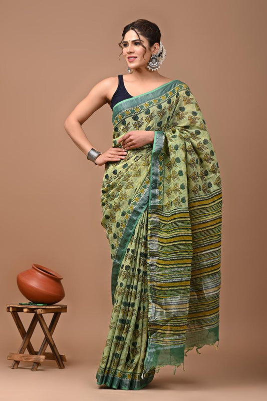 Hand block printed cotton linen saree