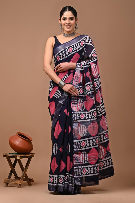 Hand block printed cotton linen saree