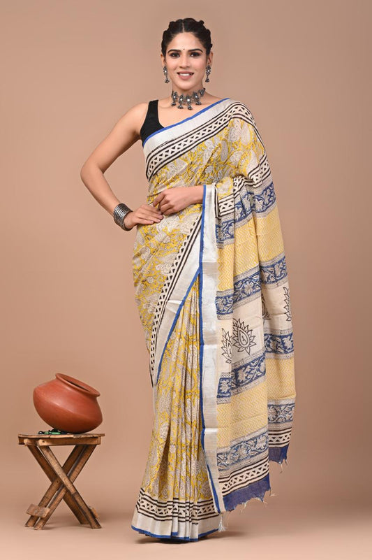 Hand block printed cotton linen saree
