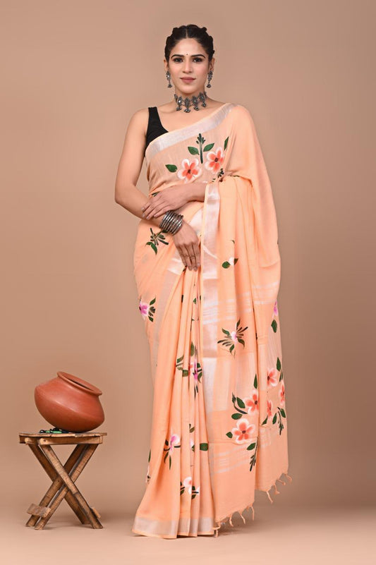 Hand block printed cotton linen saree