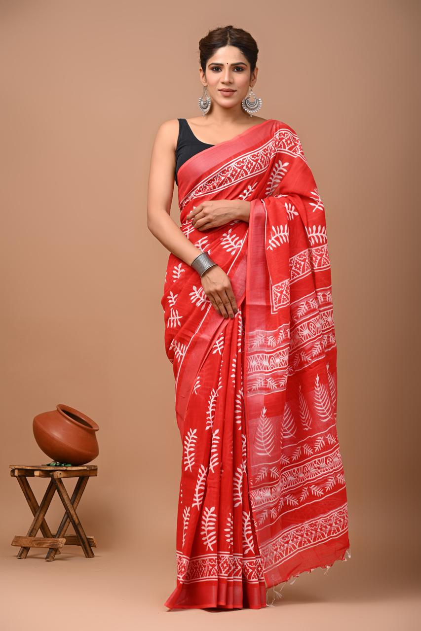 Hand block printed cotton linen saree