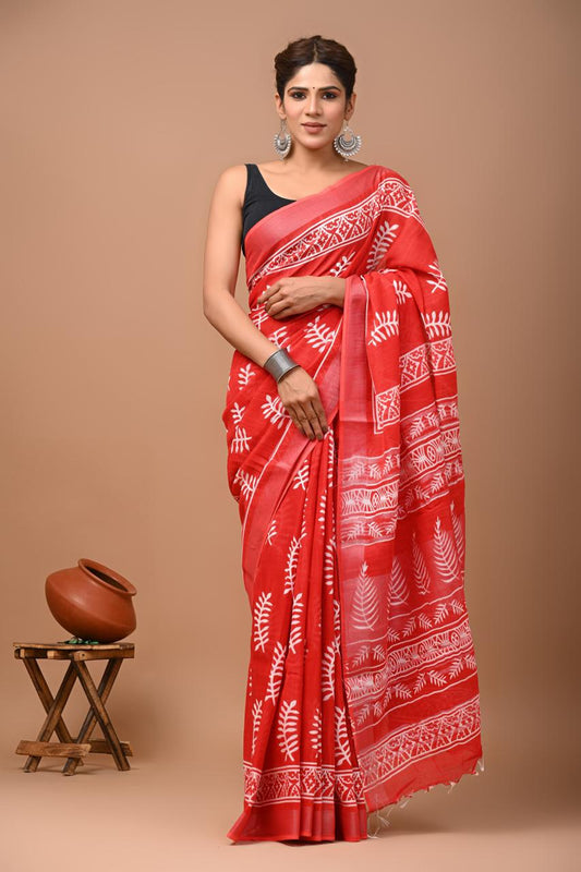 Hand block printed cotton linen saree