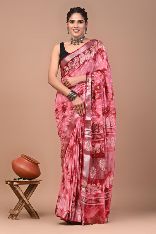 Hand block printed cotton linen saree