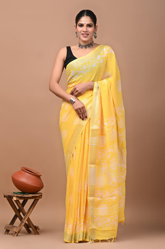 Hand block printed cotton linen saree