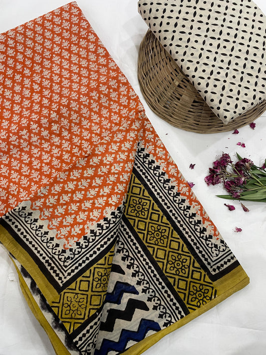 Cotton Mul Mul Hand Block Printed Sarees