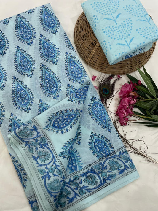 Cotton Mul Mul Hand Block Printed Sarees